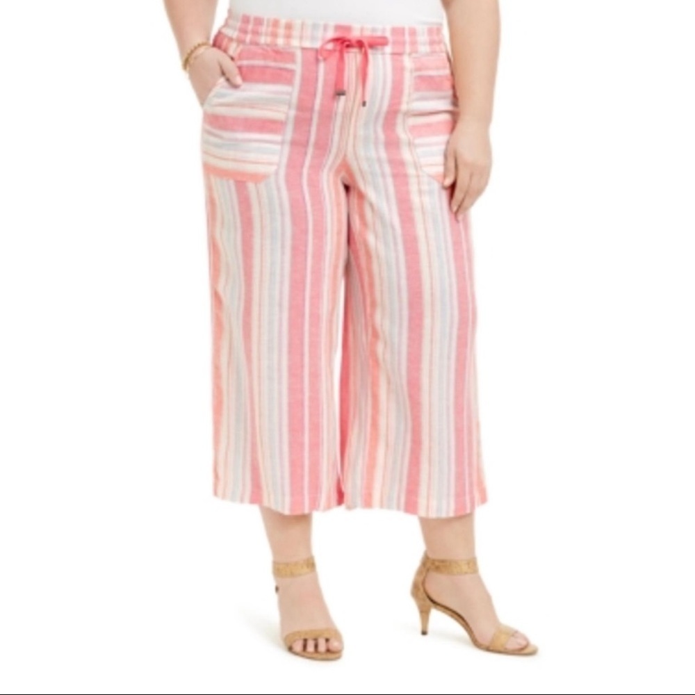 New Rose Stripe Plus Linen Cropped Pants​